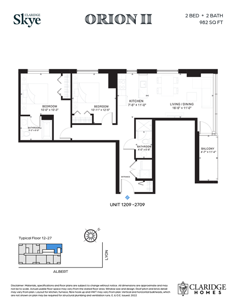 Floor plan for 2 beds, 2 baths, 984 sqft